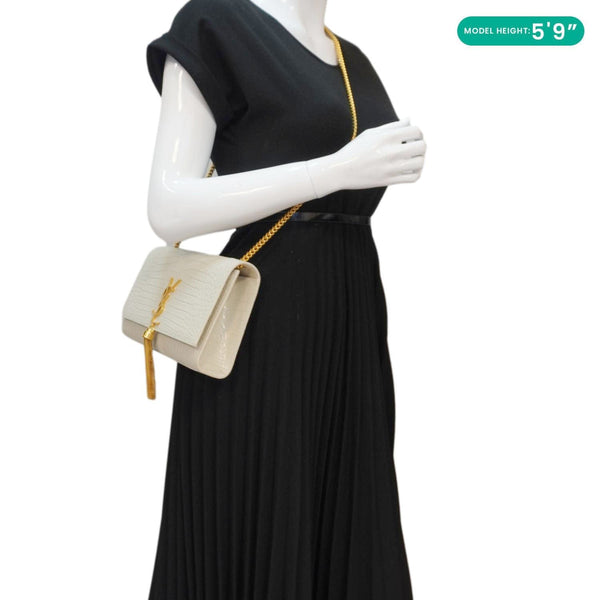 YVES SAINT LAURENT Kate Tassel Medium Crocodile Embossed Leather Crossbody Bag White