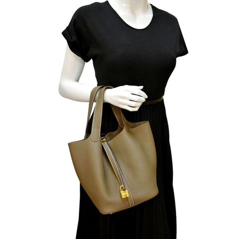 HERMES Picotin Lock 18 PM Taurillon Clemence Leather Bag Etoupe