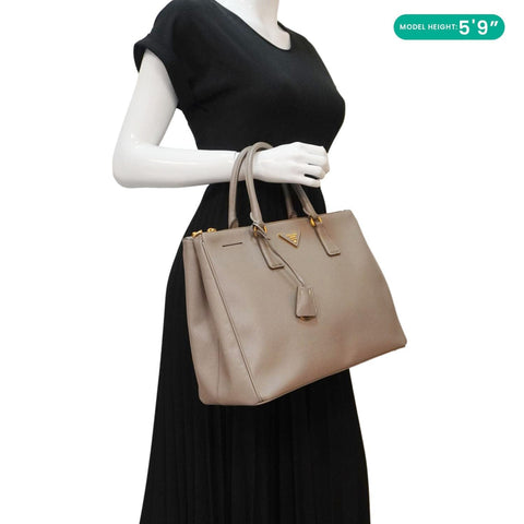 PRADA Double Zip Medium Lux Saffiano Leather Tote Argilla