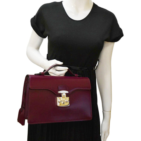 GUCCI Lady Lock Leather Top Handle Satchel Bag Purple Wine 331823