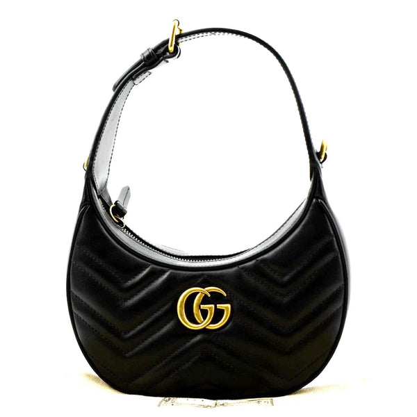 GUCCI GG Marmont Half Moon Leather Shoulder Bag Black 699514