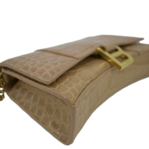 BALENCIAGA Hourglass Crocodile Embossed Leather Chain Shoulder Bag Light Brown
