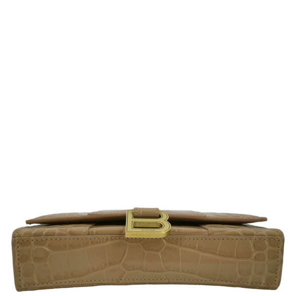BALENCIAGA Hourglass Crocodile Embossed Leather Chain Shoulder Bag Light Brown