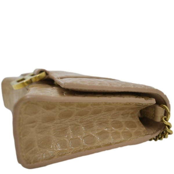 BALENCIAGA Hourglass Crocodile Embossed Leather Chain Shoulder Bag Light Brown