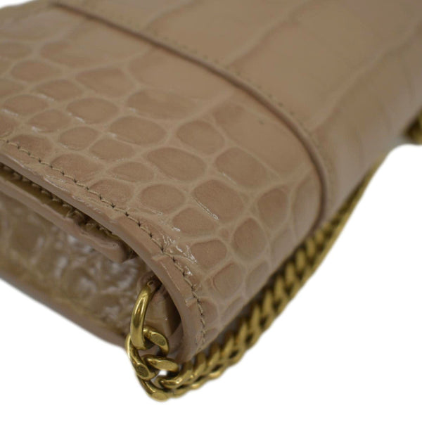 BALENCIAGA Hourglass Crocodile Embossed Leather Chain Shoulder Bag Light Brown