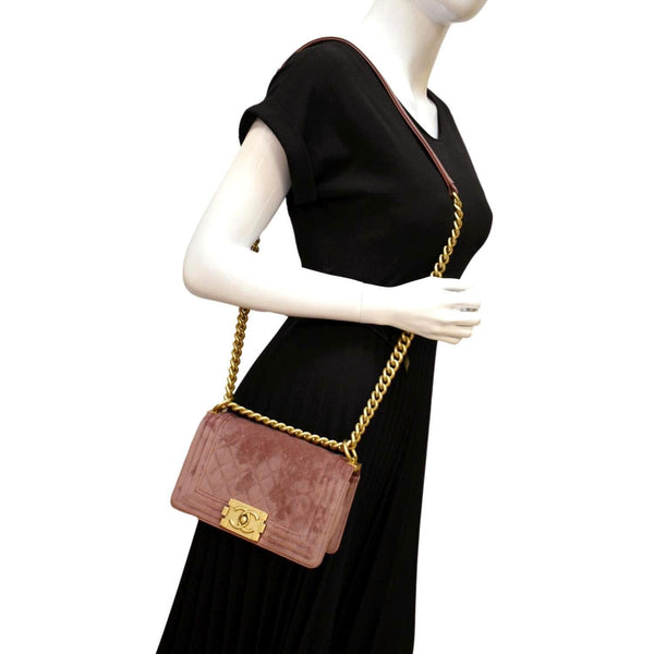 CHANEL Small Boy CC Chain Velvet Shoulder Bag Pink