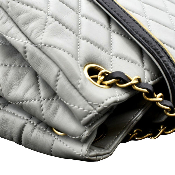 CHANEL East West Accordion Flap Quilted Calfskin Leather Shoulder Bag Grey