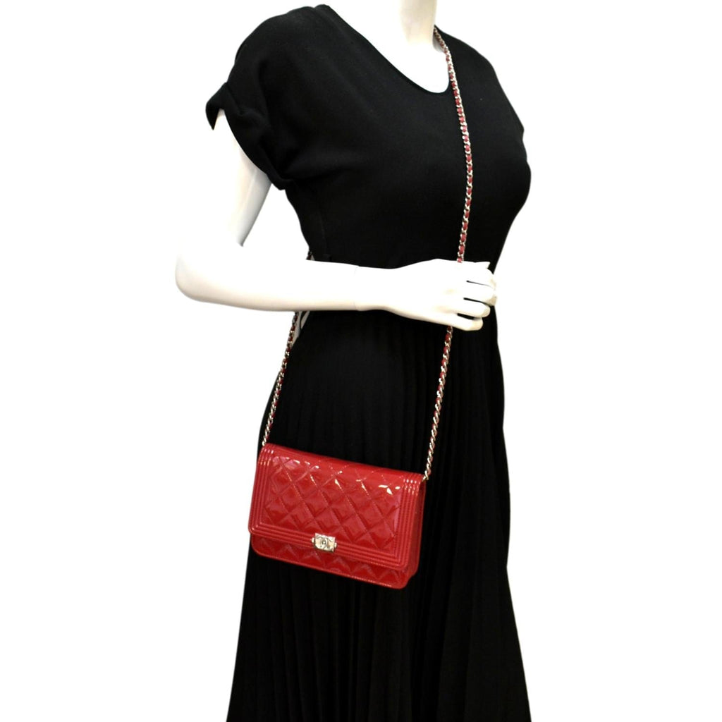 CHANEL Boy Woc Wallet on Chain Quilted Patent Leather Shoulder Bag Red