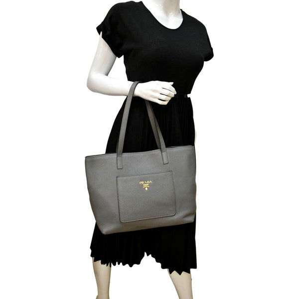 PRADA Vitello Daino Leather Tote Bag Dark Grey