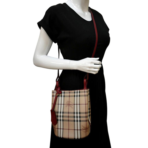 Burberry Bucket Haymarket Check Canvas Crossbody Bag Beige Color