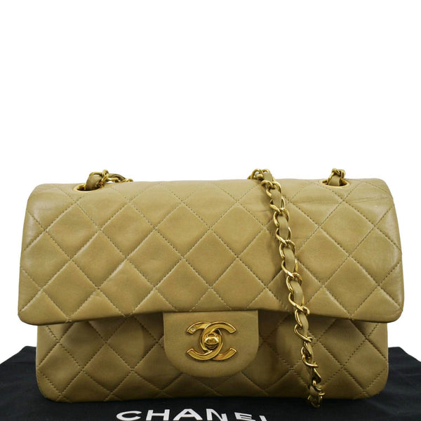 CHANEL Classic Double Flap Leather Shoulder Bag Beige