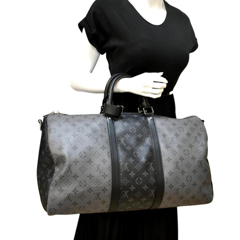 LOUIS VUITTON Keepall 50 Bandouliere Monogram Eclipse Travel Bag Black