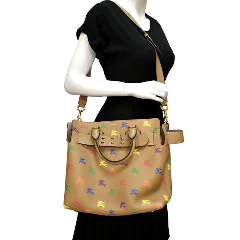 BURBERRY Horse Rainbow Baby Belt Printed Leather Tote Bag Camel