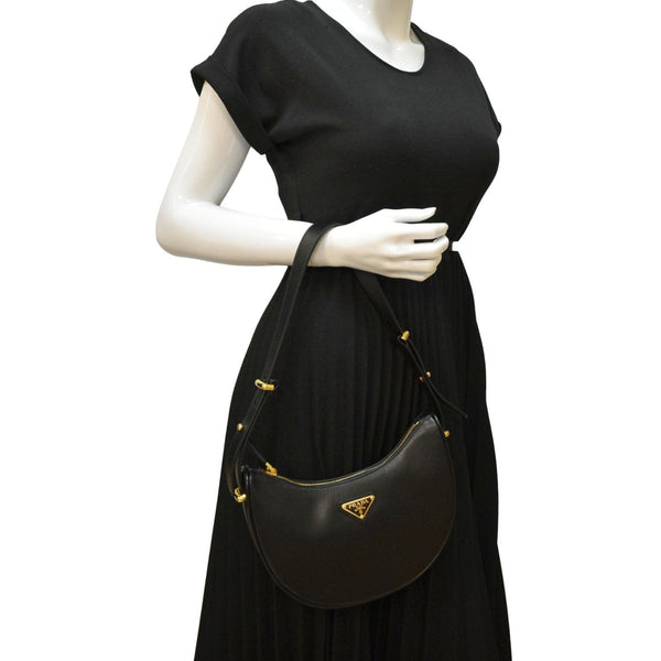 PRADA Arque Leather Shoulder Bag Black