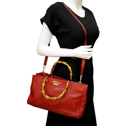 GUCCI Bamboo Shopper Leather Top Handle Shoulder Bag Red 323660