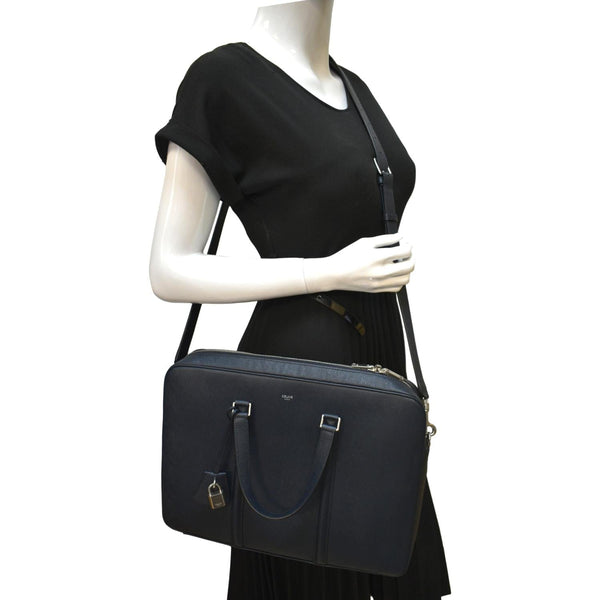 CELINE Grained Calfskin Leather Crossbody Briefcase Bag Navy Blue
