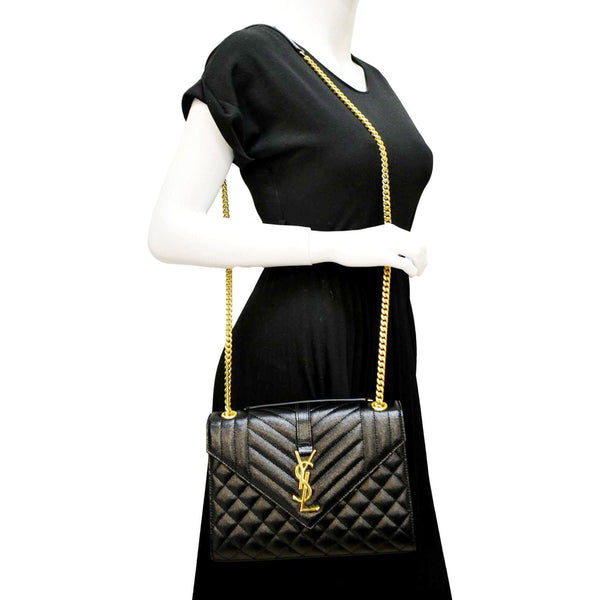 YVES SAINT LAURENT Medium Envelope Leather Chain Shoulder Bag Black