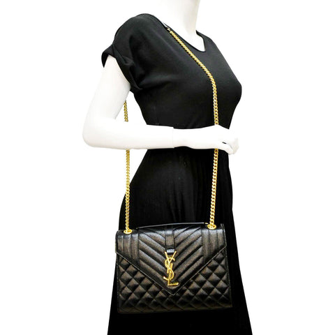YVES SAINT LAURENT Medium Envelope Leather Chain Shoulder Bag Black