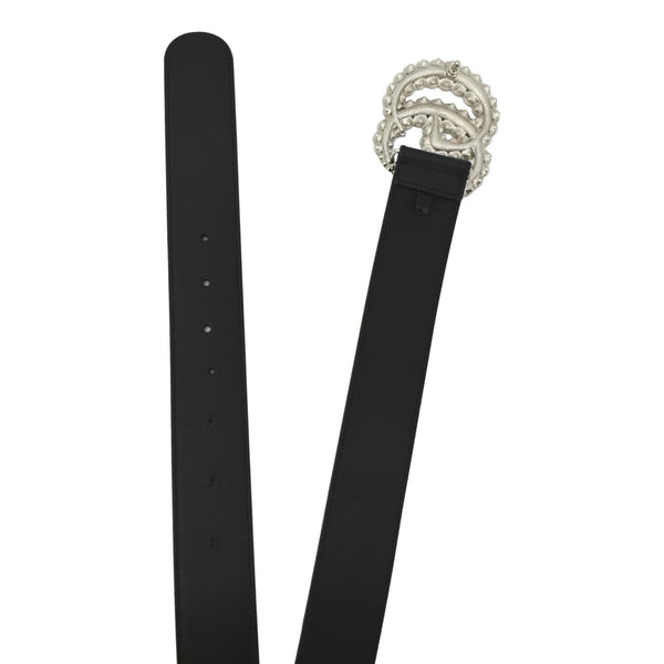 GUCCI Double G Crystal Buckle Leather Belt Size 85.34 Black 525040