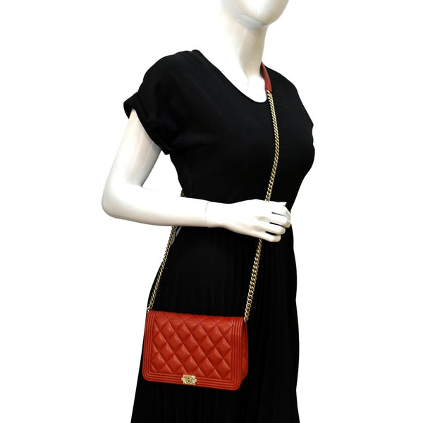 CHANEL Boy Woc Quilted Calfskin Leather Wallet On Chain Clutch Bag Red