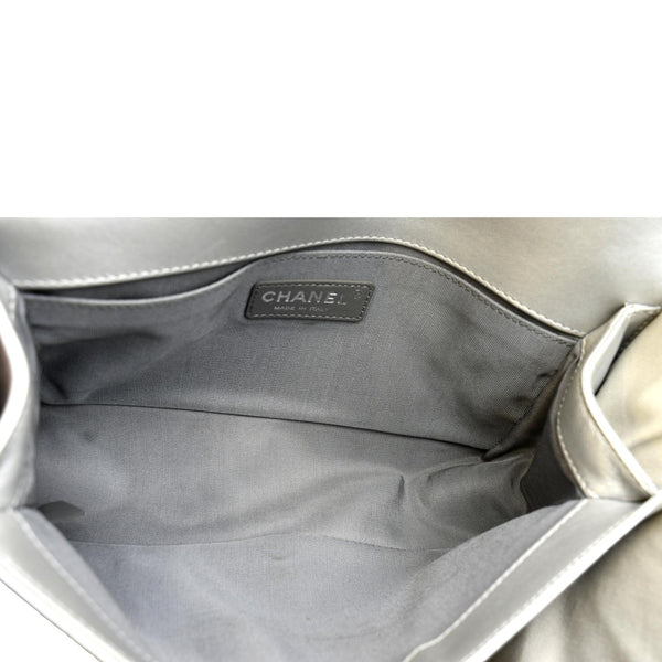 CHANEL Medium Boy Flap Quilted Leather Crossbody Bag Silver