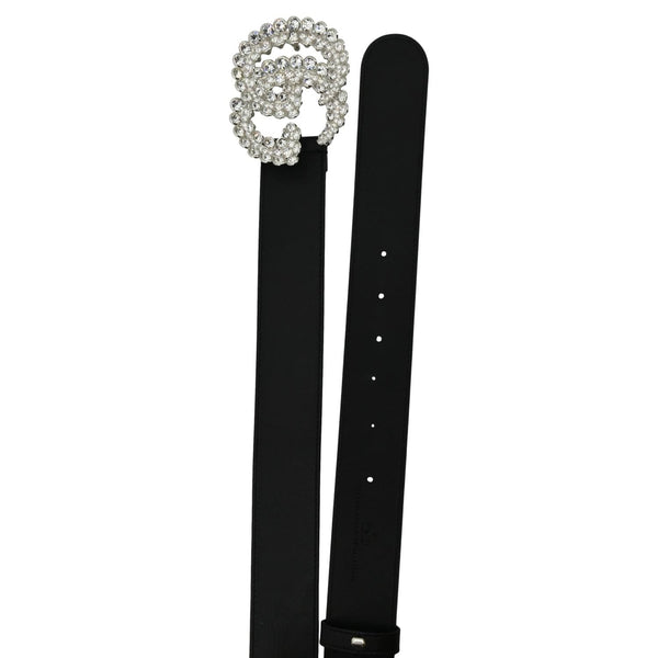 GUCCI Double G Crystal Buckle Leather Belt Size 85.34 Black 525040