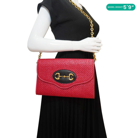 GUCCI Horsebit 1955 Straw Shoulder Bag Red 655667