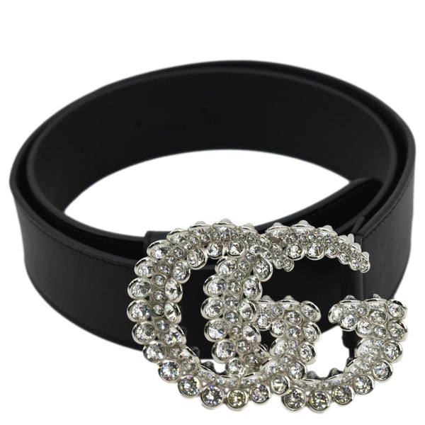 GUCCI Double G Crystal Buckle Leather Belt Size 85.34 Black 525040