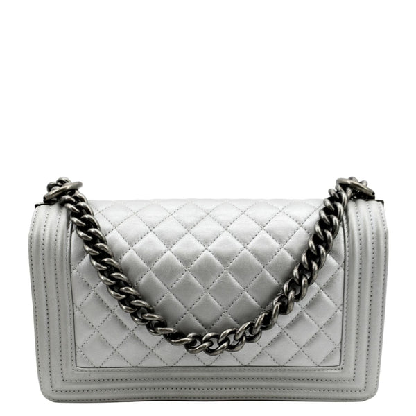 CHANEL Medium Boy Flap Quilted Leather Crossbody Bag Silver