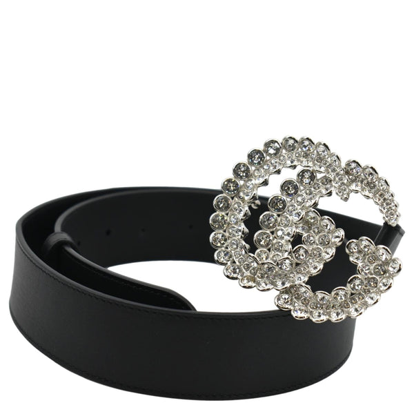 GUCCI Double G Crystal Buckle Leather Belt Size 85.34 Black 525040