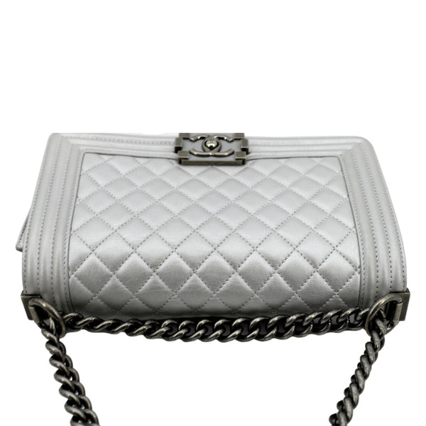 CHANEL Medium Boy Flap Quilted Leather Crossbody Bag Silver