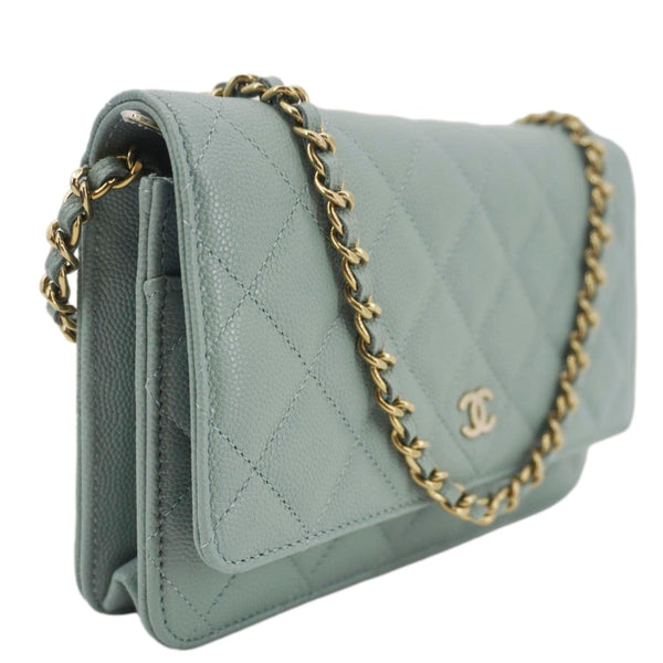 CHANEL Wallet On Chain Quilted Caviar Leather Crossbody Bag Light Blue