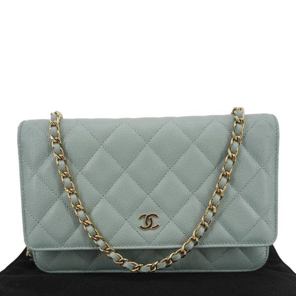 CHANEL Wallet On Chain Quilted Caviar Leather Crossbody Bag Light Blue
