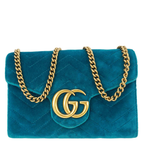 GUCCI GG Marmont Matelasse Velvet Chain Wallet Pavone Cyan 474575