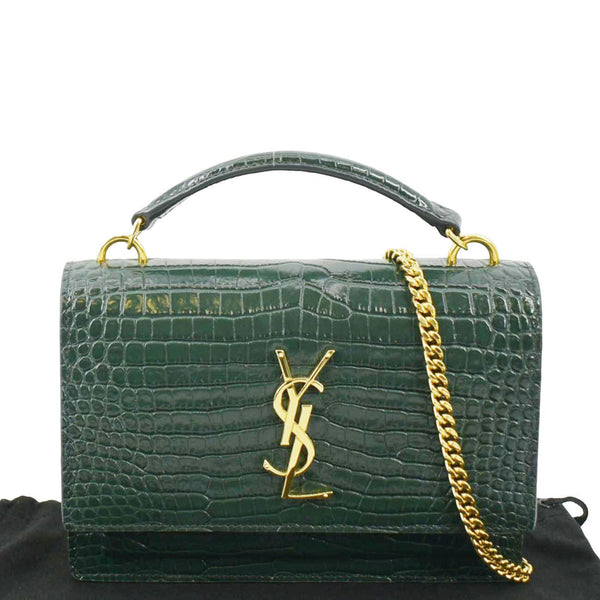 YVES SAINT LAURENT Sunset Crocodile Embossed Leather Crossbody Bag Green