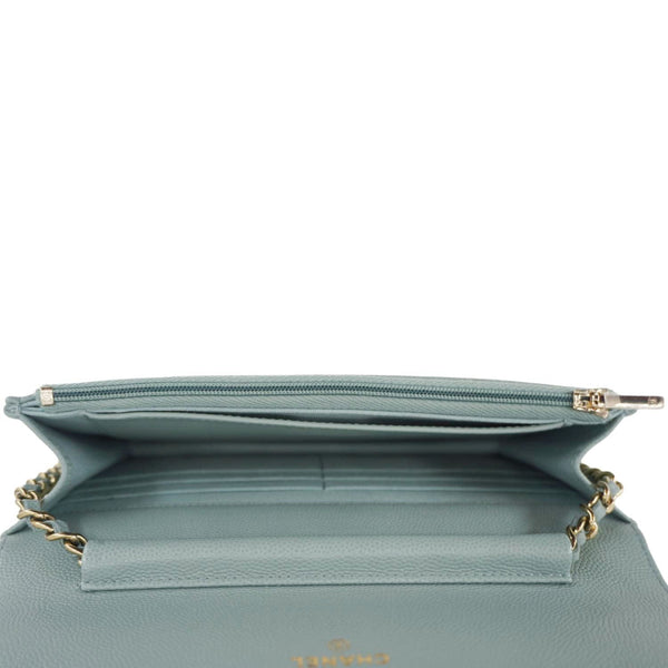 CHANEL Wallet On Chain Quilted Caviar Leather Crossbody Bag Light Blue