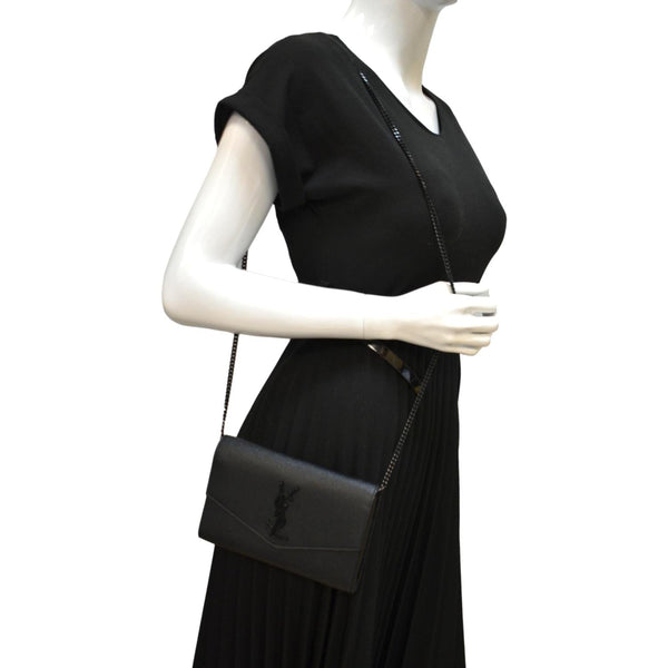 YVES SAINT LAURENT Flap Chain Grain De Poudre Leather Crossbody Bag Black