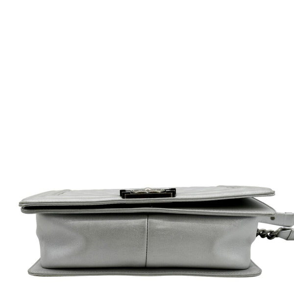 CHANEL Medium Boy Flap Quilted Leather Crossbody Bag Silver