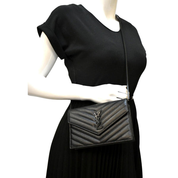 YVES SAINT LAURENT Cassandre Grain De Poudre Embossed Leather Chain Envelope Bag Black
