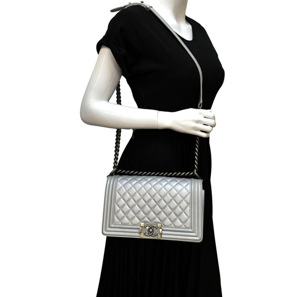 CHANEL Medium Boy Flap Quilted Leather Crossbody Bag Silver