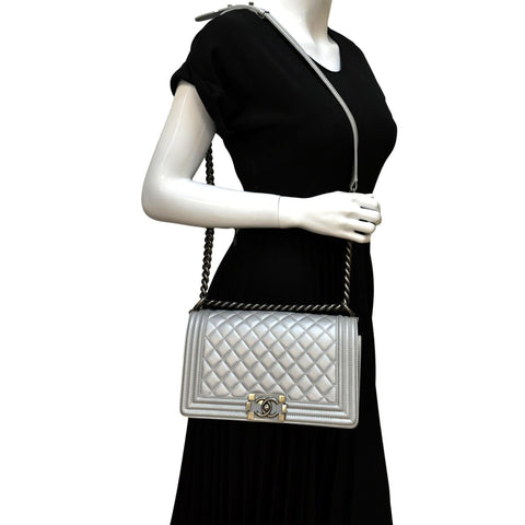 CHANEL Medium Boy Flap Quilted Leather Crossbody Bag Silver