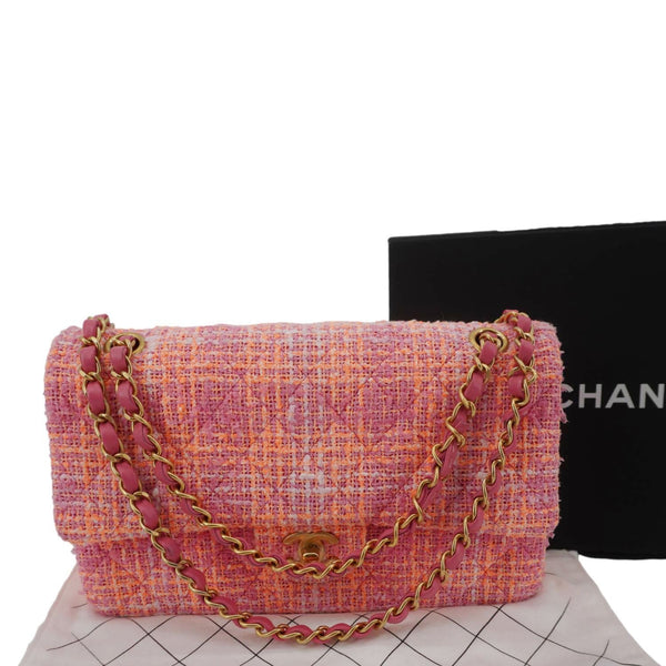 CHANEL Rectangular Flap Medium Quilted Tweed Shoulder Bag Pink