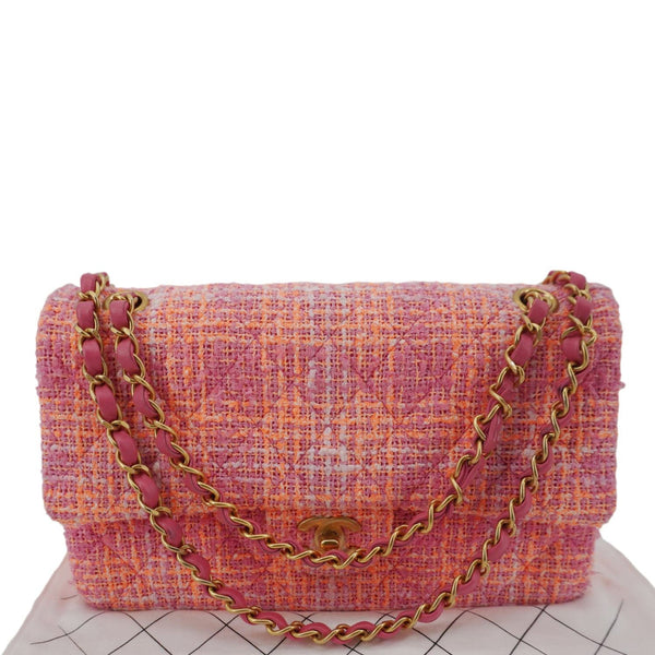 CHANEL Rectangular Flap Medium Quilted Tweed Shoulder Bag Pink