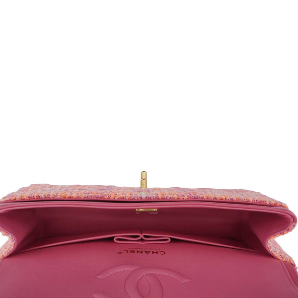 CHANEL Rectangular Flap Medium Quilted Tweed Shoulder Bag Pink