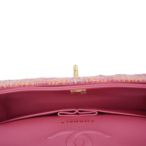 CHANEL Rectangular Flap Medium Quilted Tweed Shoulder Bag Pink