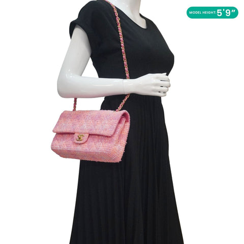 CHANEL Rectangular Flap Medium Quilted Tweed Shoulder Bag Pink