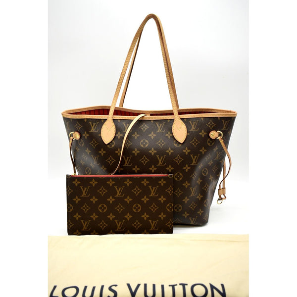 LOUIS VUITTON Neverfull MM Monogram Canvas Tote Bag Brown/Red