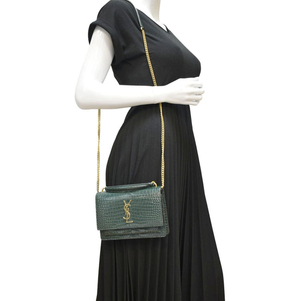 YVES SAINT LAURENT Sunset Crocodile Embossed Leather Crossbody Bag Green