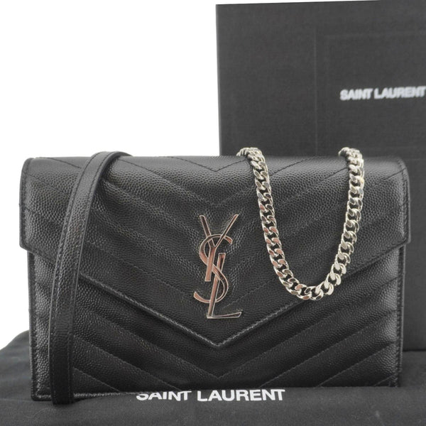 YVES SAINT LAURENT Cassandre Leather Wallet On Chain Crossbody Bag Black