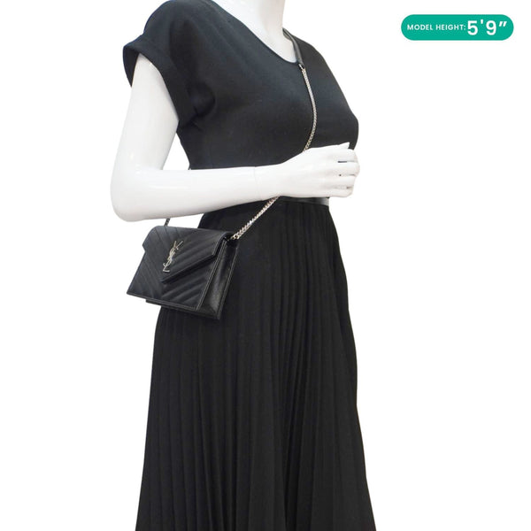YVES SAINT LAURENT Cassandre Leather Wallet On Chain Crossbody Bag Black